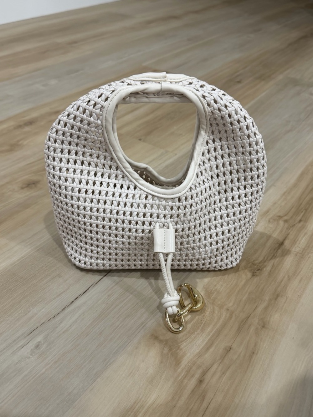 Woven White Women’s Handbag with Gold Accent